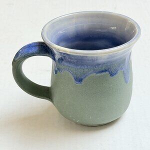 Studio Art Pottery Artist Signed Mug Blue Green Coffee Cup Artisan Drip Glazed
